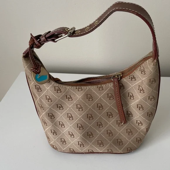 Y2K Dooney & Bourke Signature Canvas Small Tan Hobo BagMonogram Shoulder Bag - Picture 1 of 9